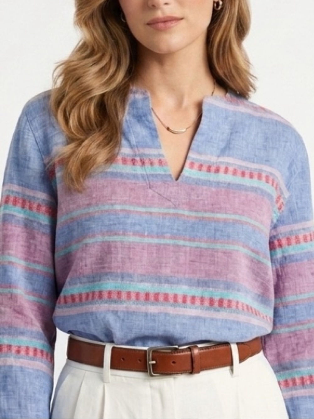 Tommy Bahama Women’s 100% Linen Top Striped
Sleeve Coastal Boho!